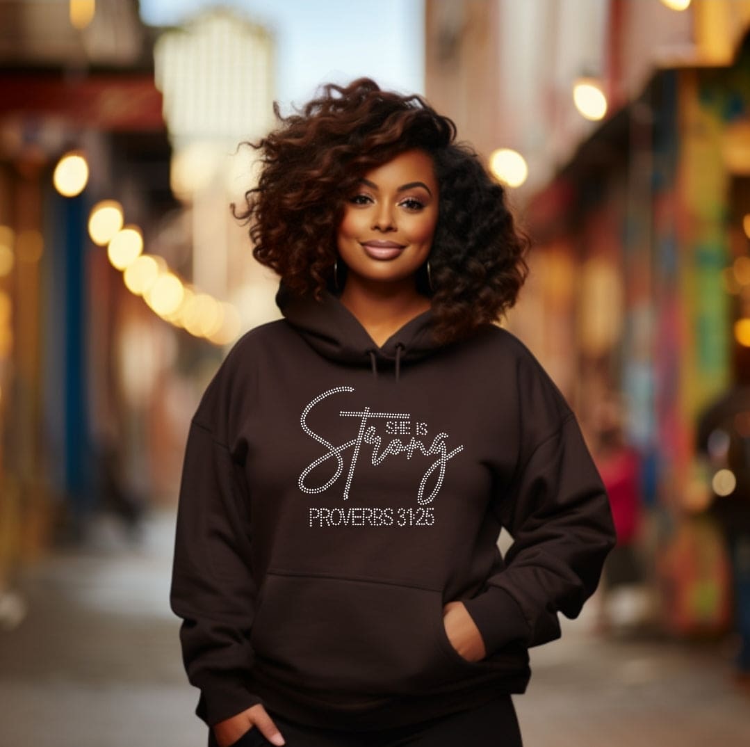 Rhinestone Embellished She is Strong Proverbs 31:25 Hoodie (Unisex) Women's Gift Faith Based Christian Apparel