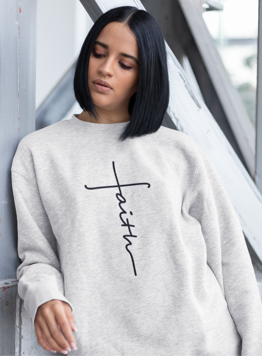 Black Cross Script Faith Crewneck Sweatshirt (Unisex) It Clothing Wear LLC