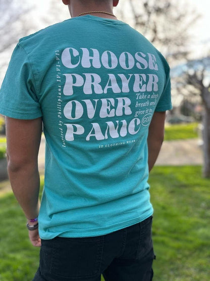 Choose Prayer Over Panic Unisex Tee ( Aqua Blue)
