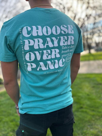 Choose Prayer Over Panic Unisex Tee ( Aqua Blue)