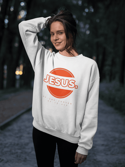 JESUS AT THE CENTER OF IT ALL CREWNECK SWEATSHIRT (UNISEX) - W/ SIGNATURE LOGO ON SLEEVE It Clothing Wear LLC