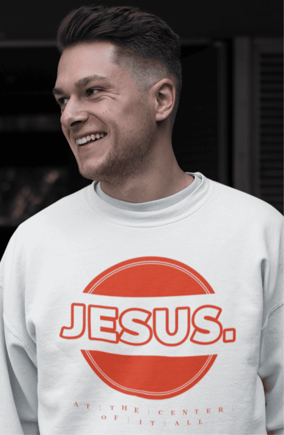 JESUS AT THE CENTER OF IT ALL CREWNECK SWEATSHIRT (UNISEX) - W/ SIGNATURE LOGO ON SLEEVE It Clothing Wear LLC