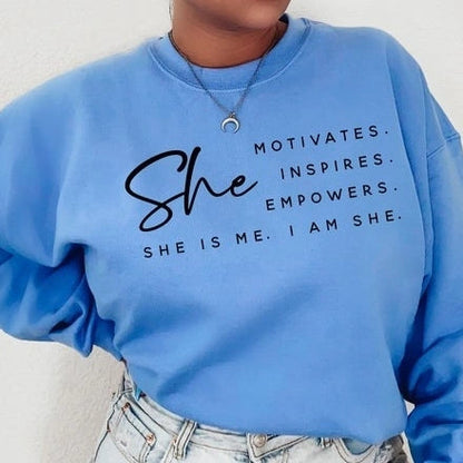 She Motivates. Inspires. Empowers. She Is Me. I Am She. CrewNeck Sweatshirt (Unisex) It Clothing Wear LLC