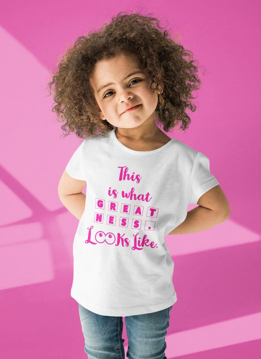 THIS IS WHAT GREATNESS LOOKS LIKE KIDS TEE (WHITE/PINK) It Clothing Wear LLC