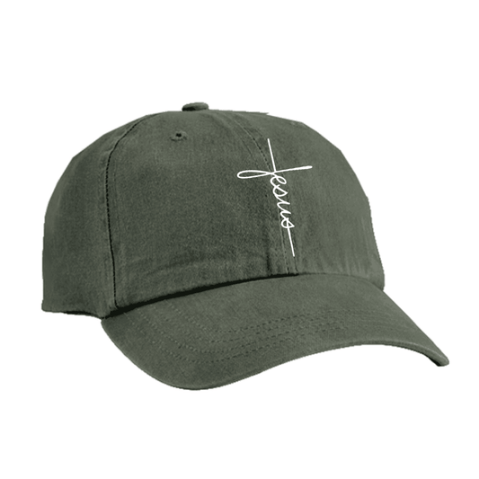 Unisex Cursive Jesus Pigment Dye Hat (Olive Green) It Clothing Wear LLC