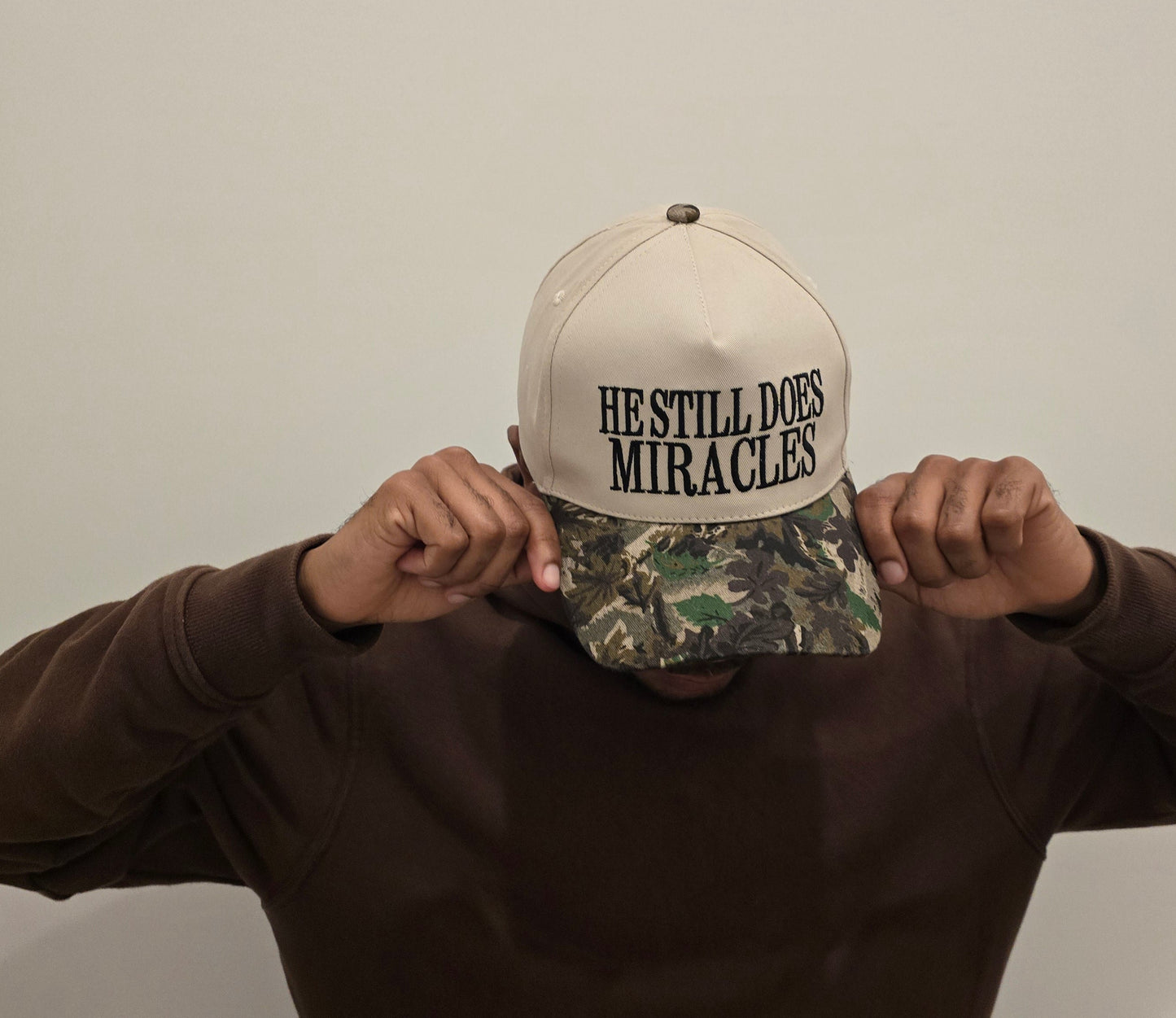 He Still Does Miracles Hat — Cream / Camo Bill